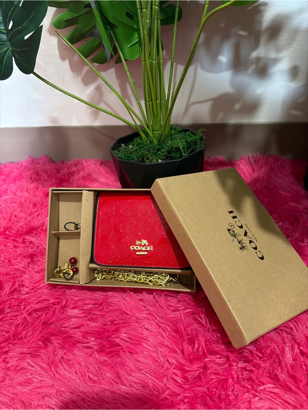 COACH Red Signature Leather Card Holder with Gold Chain Accents